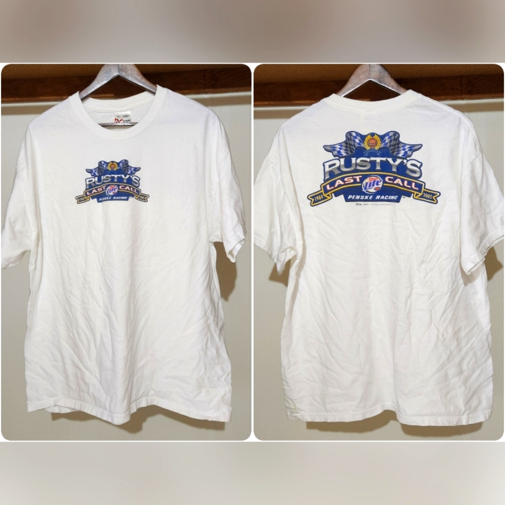 Chase Mens XL Rustys Last Call T Shirt White Blue Nascar Racing Short Sleeve